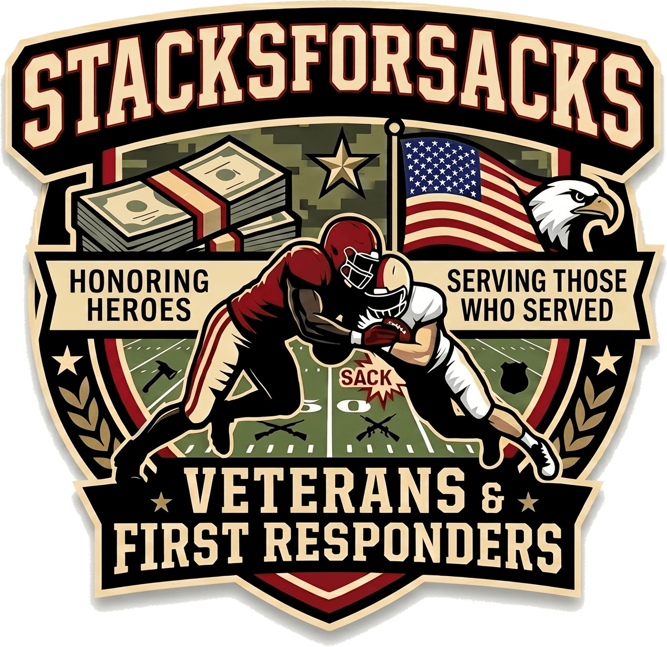 Stacks for Sacks logo honoring heroes and serving those who served